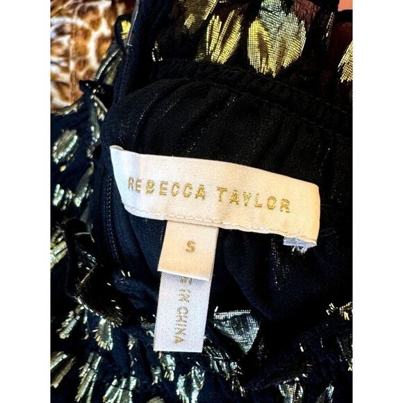 Rebecca Taylor Black Gold Metallic Spotted Silk Off Shoulder Ruffle Top Size S - Picture 7 of 11